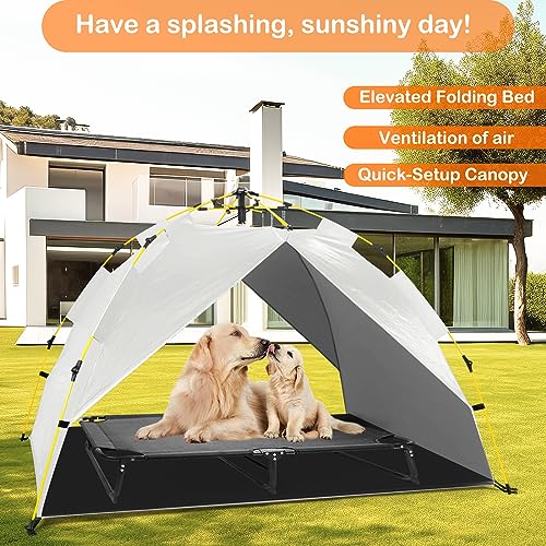 Raised Dog Bed Cot with Canopy Shade Tent & Bolster, Portable Chew-Resistance Cooling Pet Bed H71816