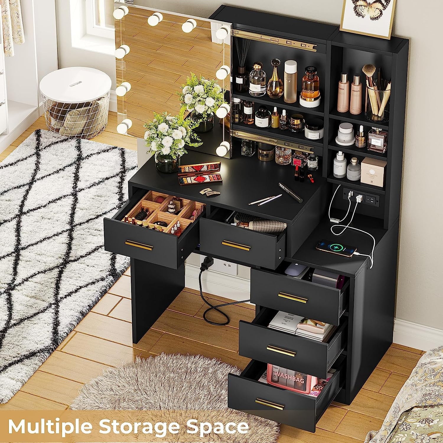 Black Vanity Table with 5 Drawers B848