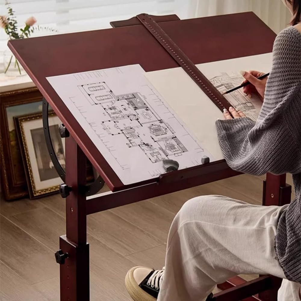 Height and Angle Adjustable Drawing Table with Tilting Magnifying Tabletop and T-square L2132