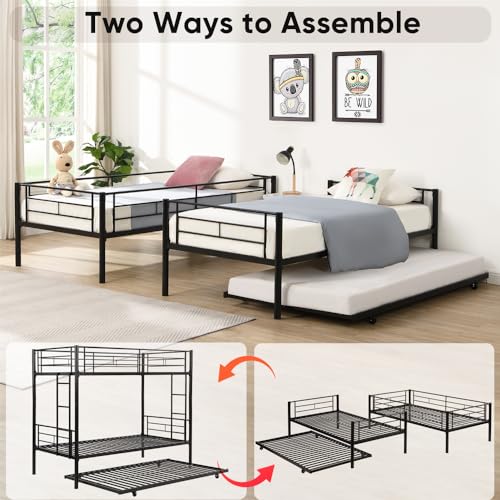 Black Twin Over Twin Metal Bunk Bed with Trundle Y4163