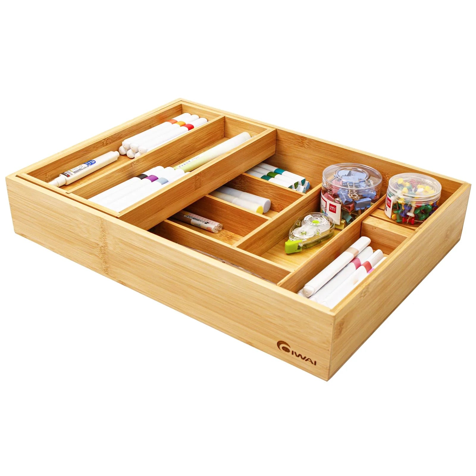 Bamboo Double Layer Kitchen Drawer Organizer with Sliding Tray, Removable Knife Block, Utensil Silverware Cutlery Storage Box, Brown F853