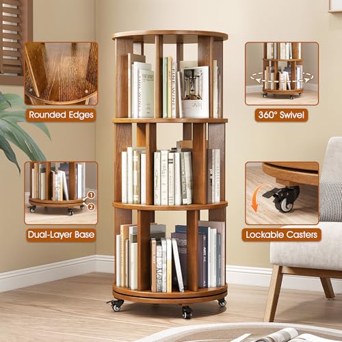Walnut Solid Wood Rotating Bookshelf with Swivel Wheels O37649