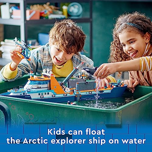 LEGO City Arctic Explorer Ship Building Toy Set with Floatable Boat, Helicopter, Dinghy, ROV Sub, Viking Shipwreck, 7 Minifigures and Orca E9418