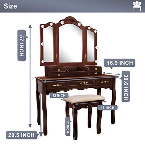 Tri-Folding Mirrors 7 Drawers Makeup Dress Table with Cushioned Stool Espresso E1890