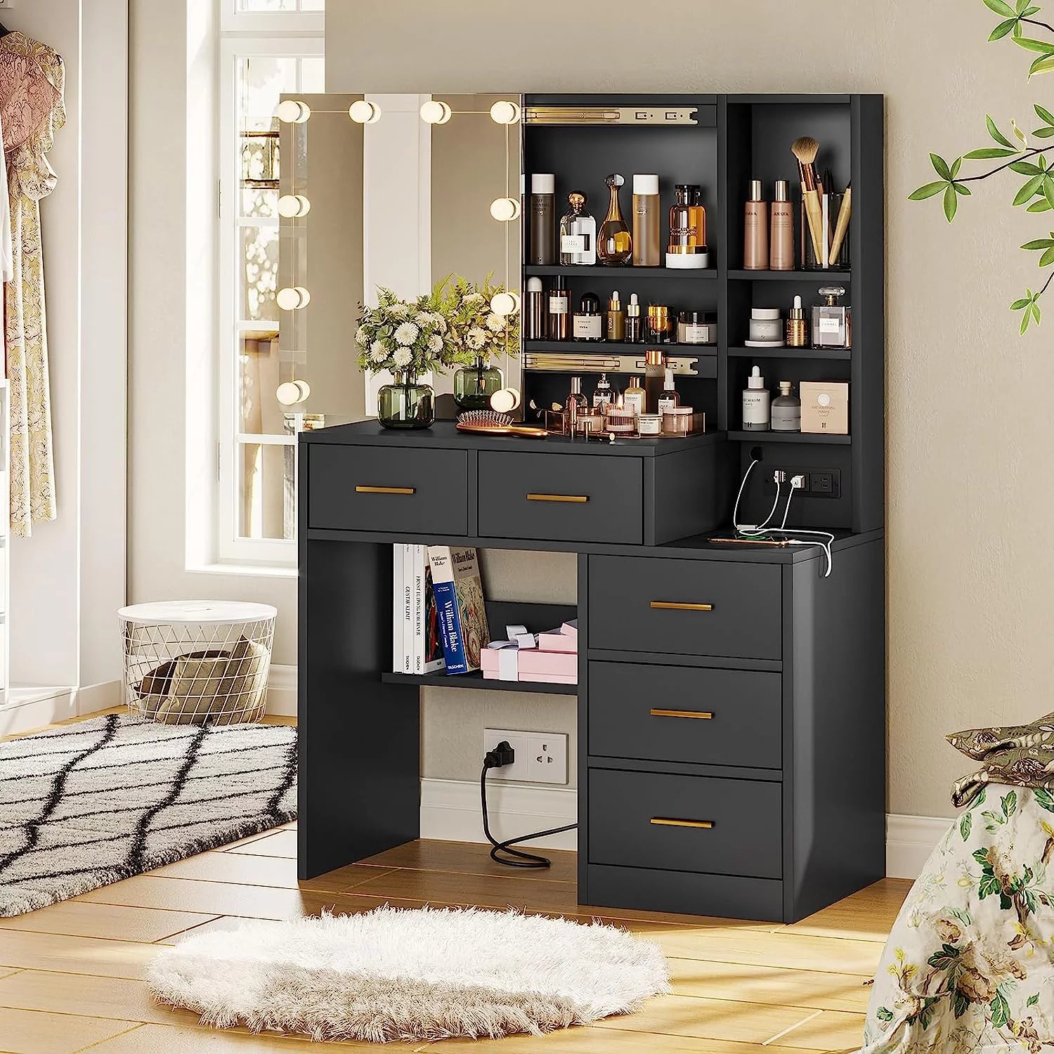 Black Vanity Table with 5 Drawers B848