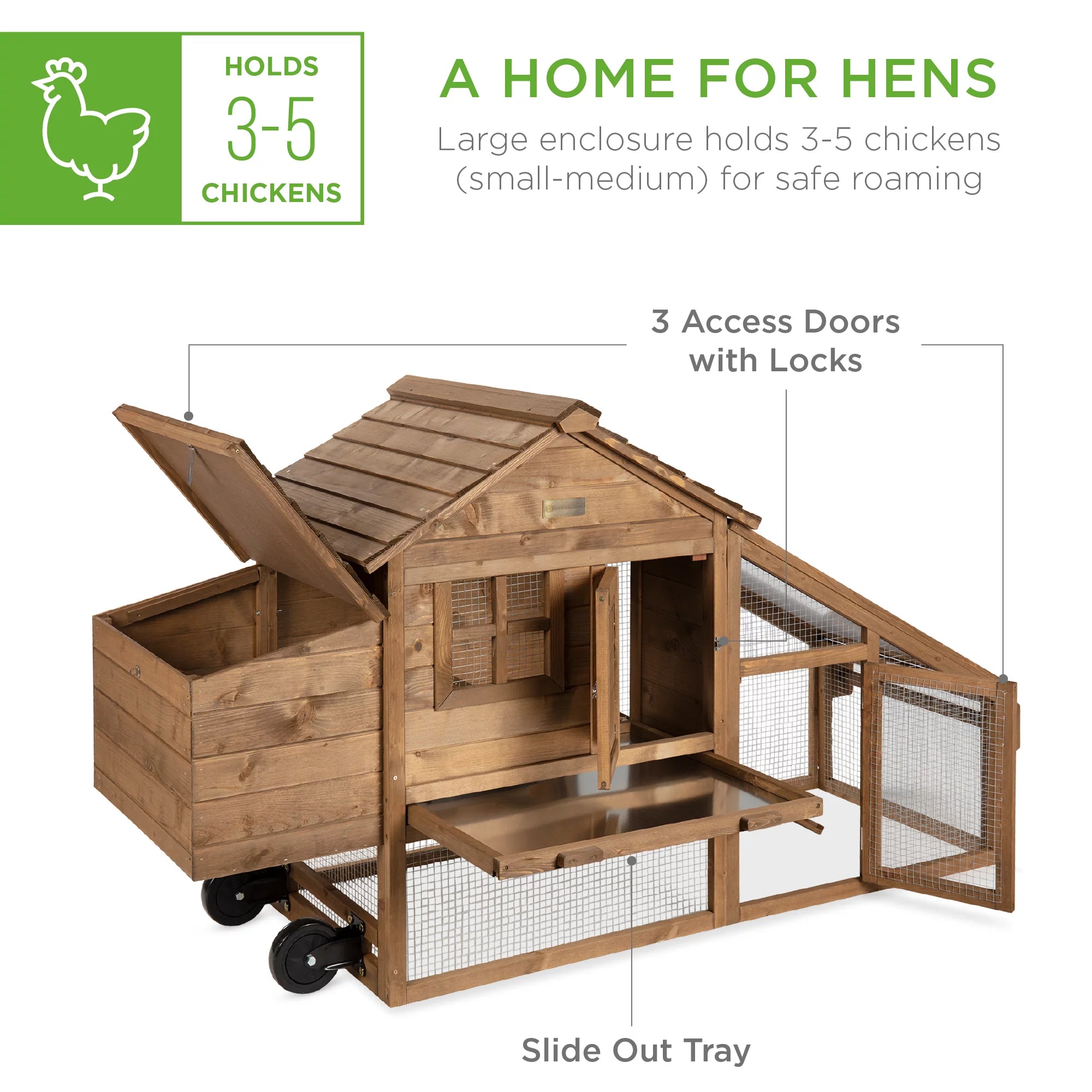 70in Mobile Fir Wood Chicken Coop with Wheels S916