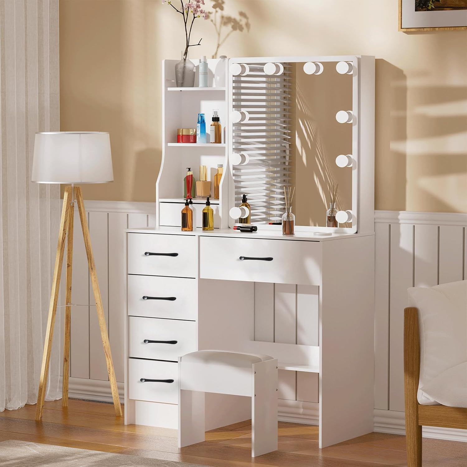 Makeup Vanity Set with 6 Drawers and Lighted Mirror, Brightness Adjustable, with Chair Z9301