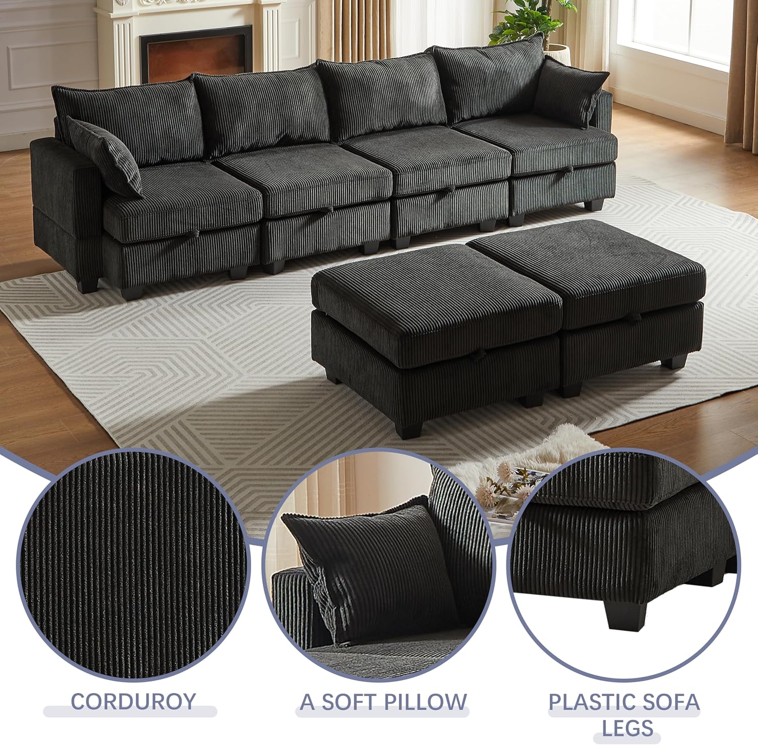 Black Corduroy Modular Sectional Sofa with Storage Y732
