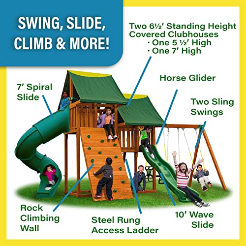 Solid Cedar Wood Swing Set with Clubhouses, Rock Wall, Spiral Slide, Swings Z4864