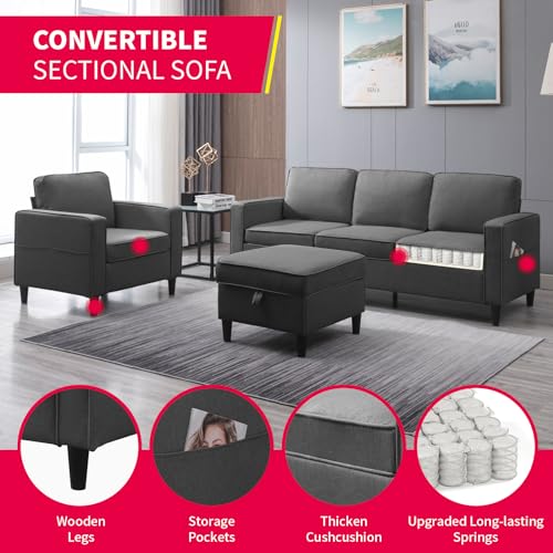3PCS Linen Upholstered Sofa Set with Side Pockets & Storage Ottoman (Dark Grey) J69317