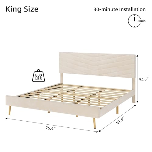 King Size Velvet Upholstered Platform Bed with Adjustable Headboard H463669