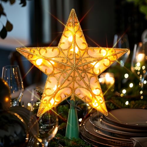 Gold Glitter Star Tree Topper with 10 Lights E237274