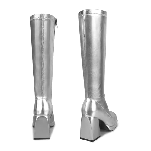 Knee High Gogo Boots with Square Toe, Side Zipper and Chunky Heel I8097