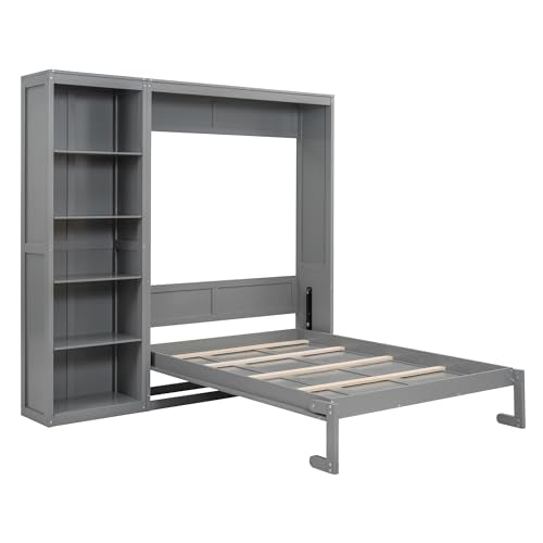 Full Murphy Bed with Storage Bookcase Shelves, Wood Folding Grey Wall Bed Cabinet B589