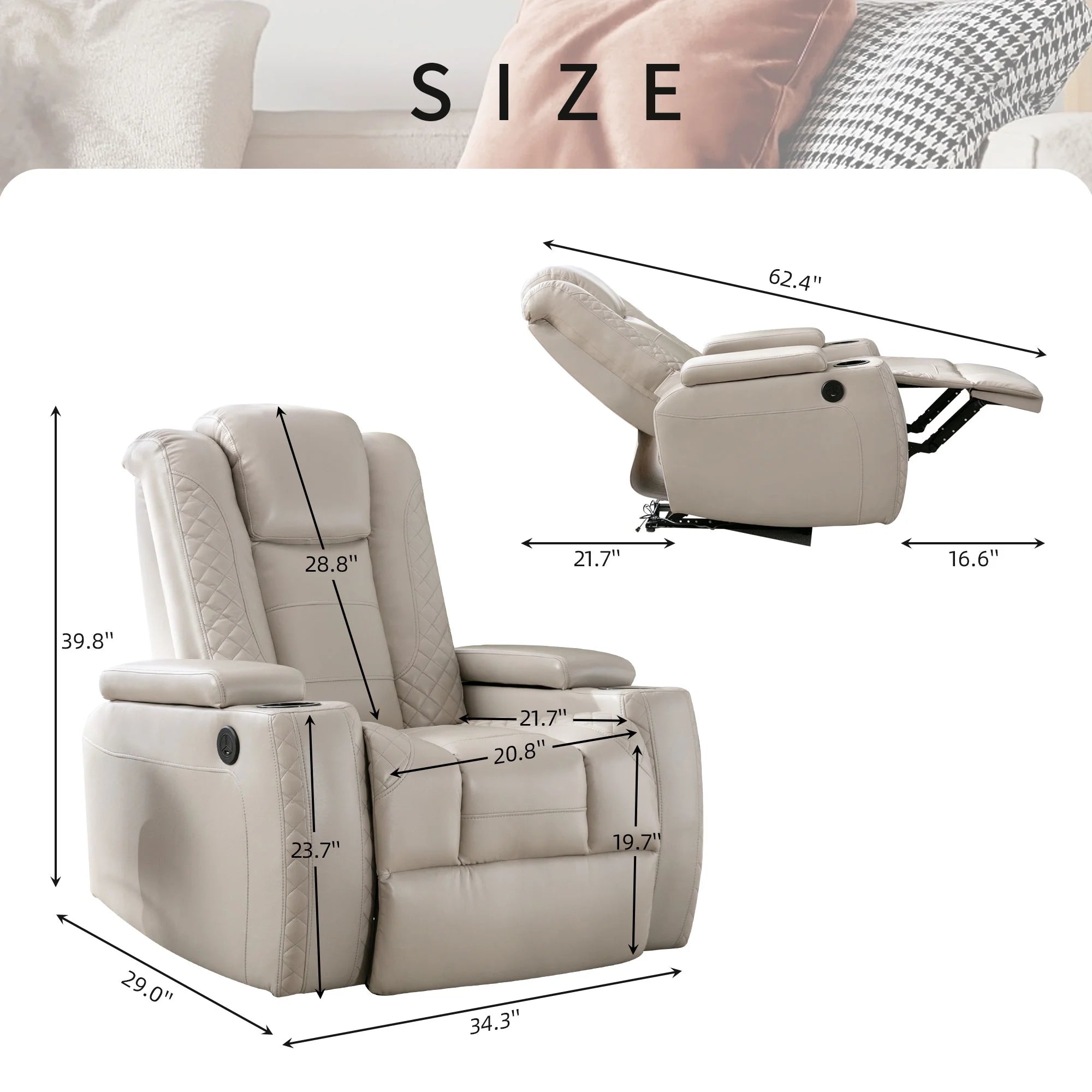 Power Recliner Chair with Cup Holders and Hidden Arm Storage Leather I358185