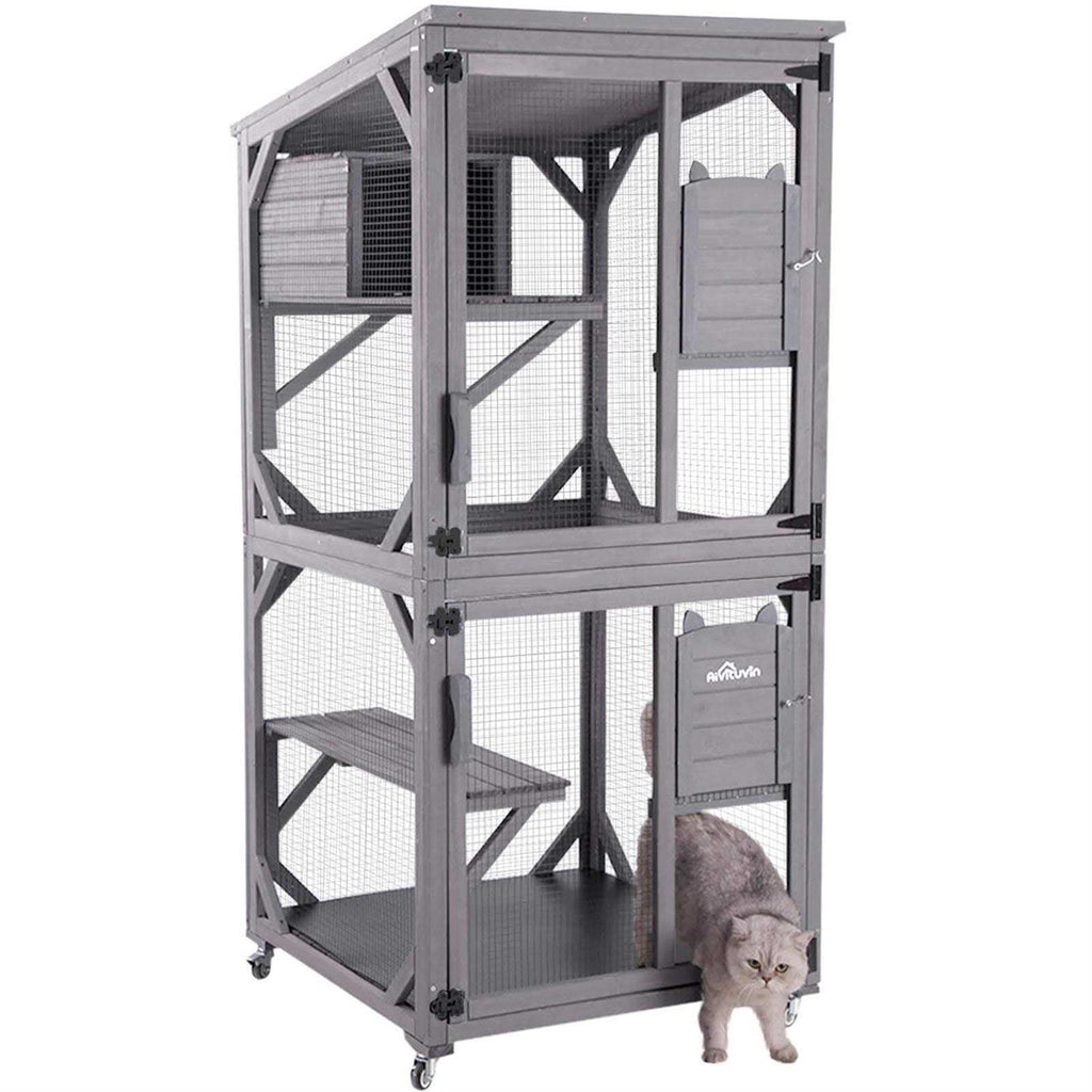 Cat House Outdoor Catio Cat Enclosures on Wheels Kitty House with Resting Box Waterproof Roof J4227