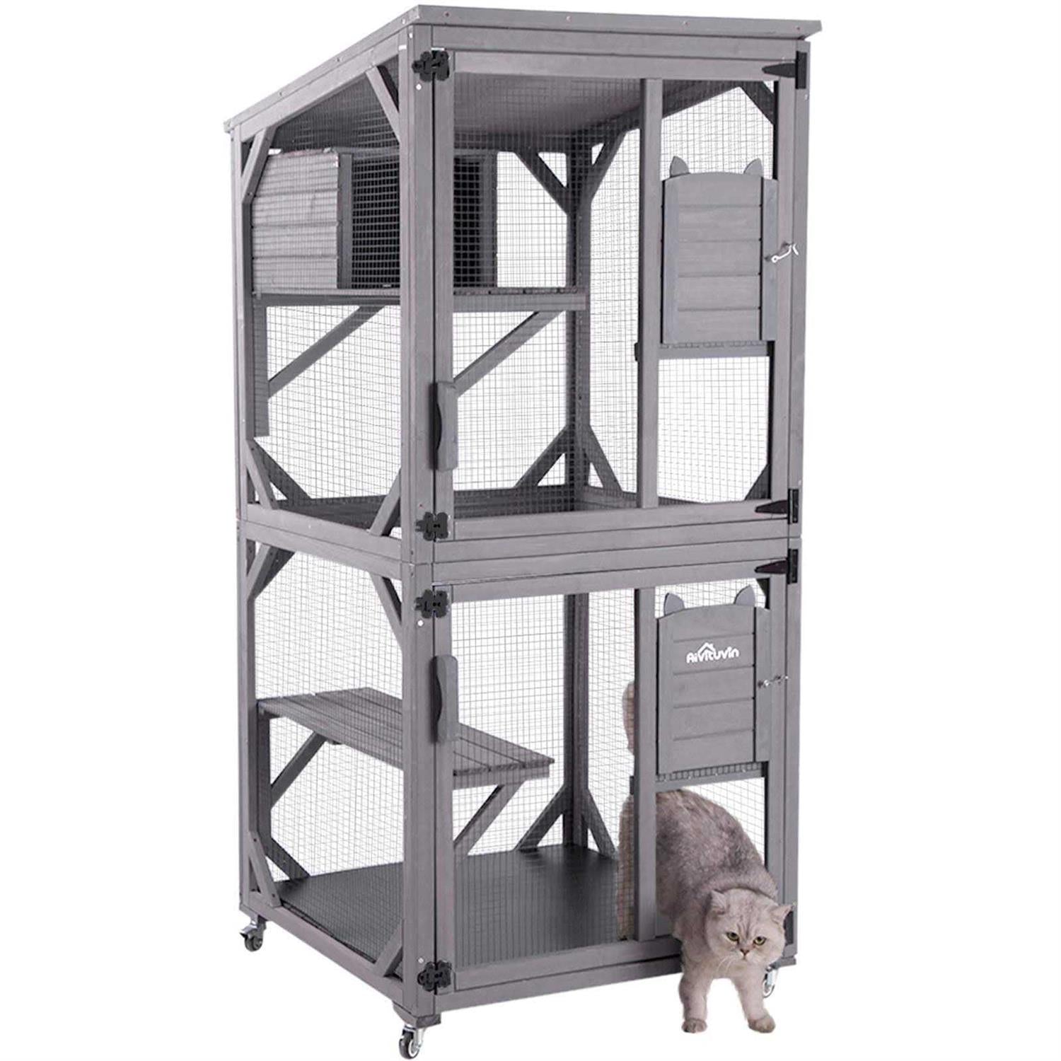 Cat House Outdoor Catio Cat Enclosures on Wheels Kitty House with Resting Box Waterproof Roof J4227