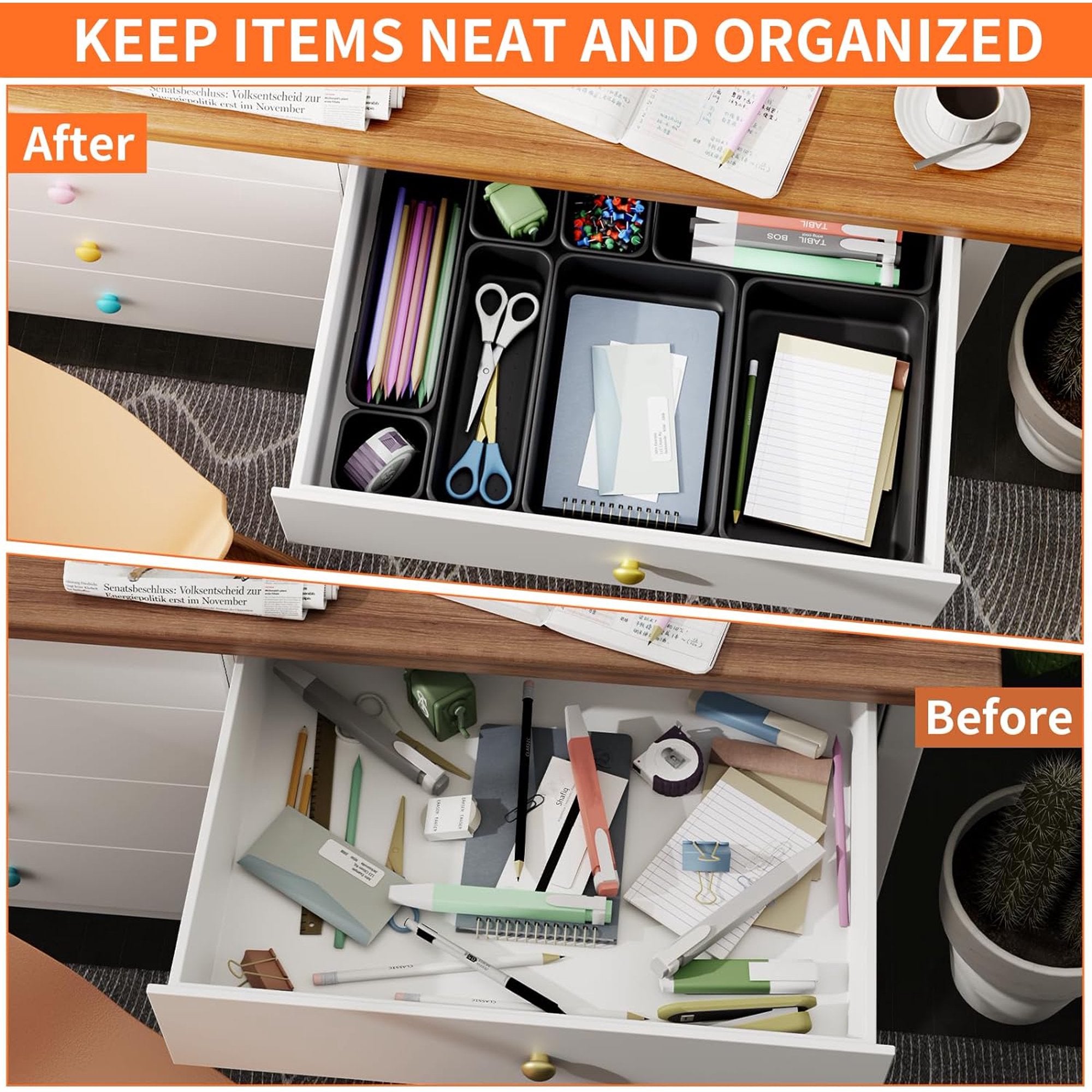 45 Pack Plastic Desk Drawer Organizer Tray, 3 Sizes R88855