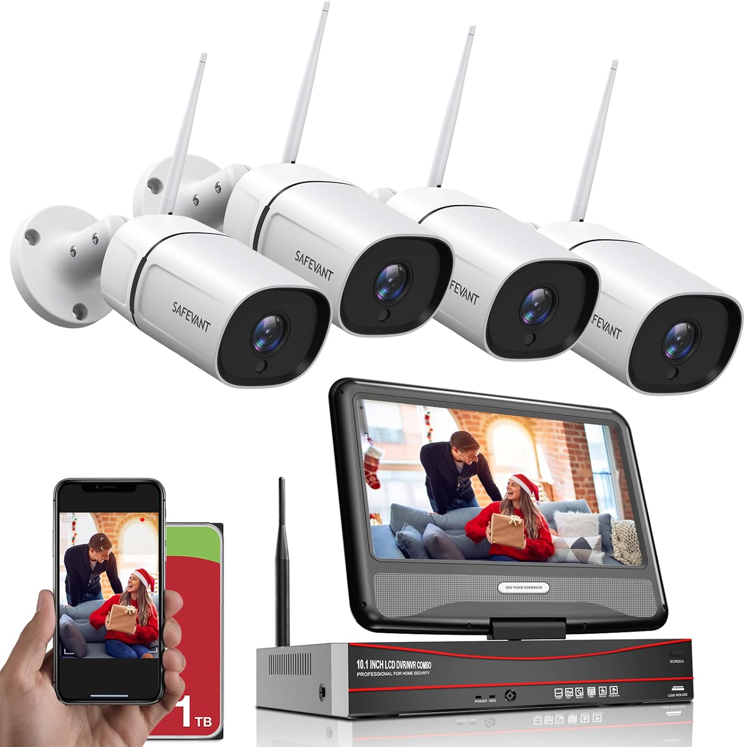 1080P Wireless Security Camera System with Monitor, 8 Channel Video NVR Systems with 4pcs Outdoor Indoor IP Camera Night Vision Motion Detection, 1TB Hard Drive B628