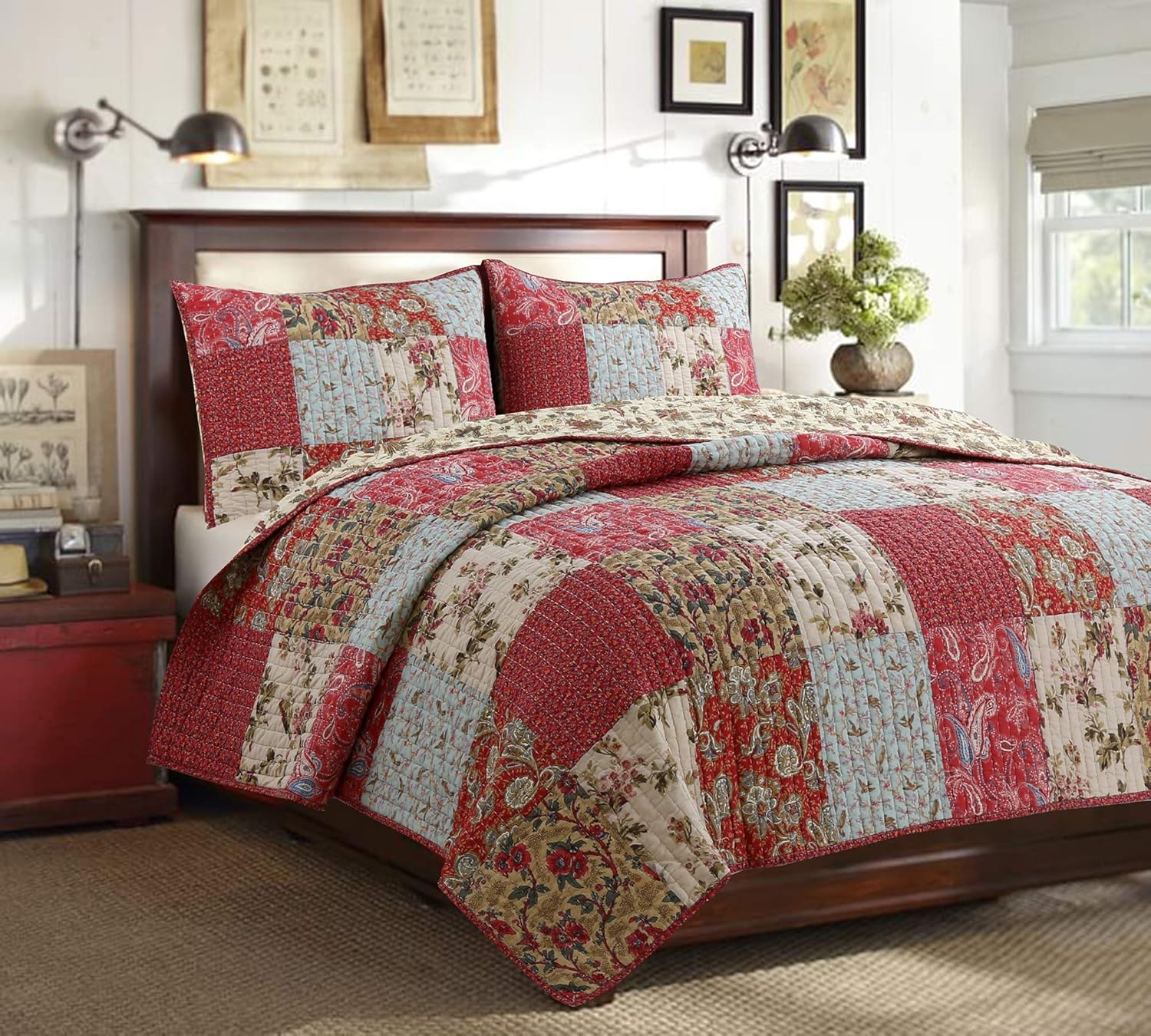 Red Teal Khaki Floral 100% Cotton Reversible Coverlet Bedspread Quilt Bedding Set (Queen - 3 Piece) M70903