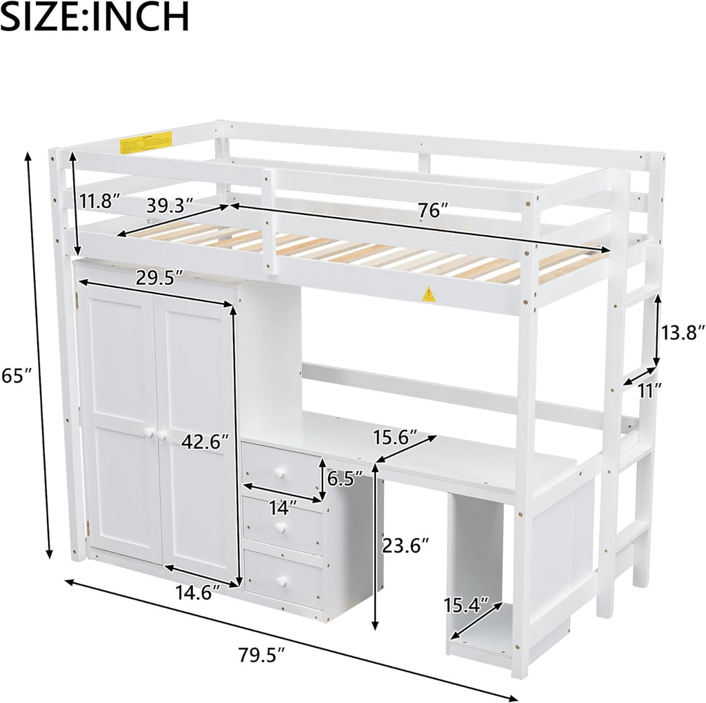 White Twin Wood Loft Bed with Wardrobe Desk and Storage Drawers F87343