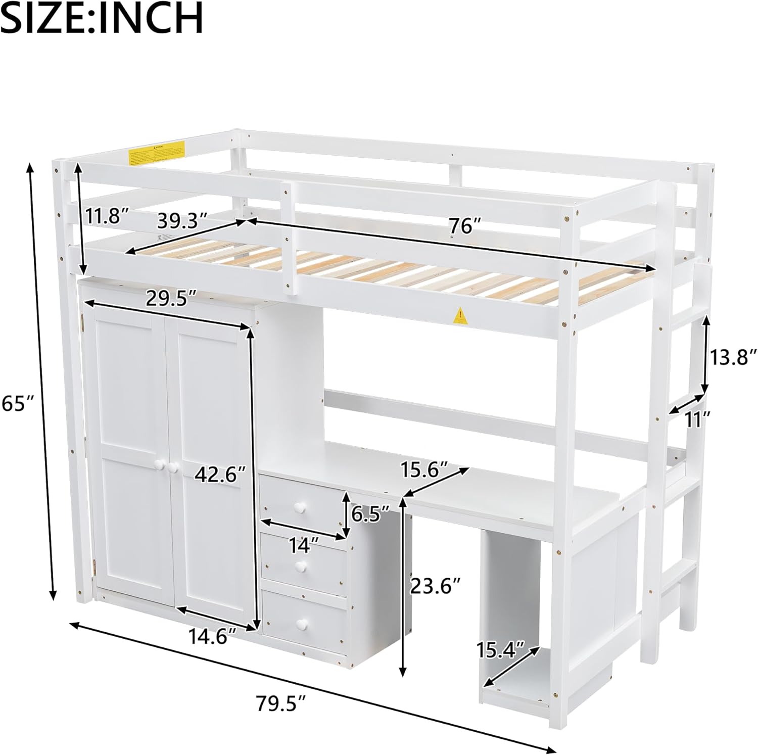White Twin Wood Loft Bed with Wardrobe Desk and Storage Drawers F87343