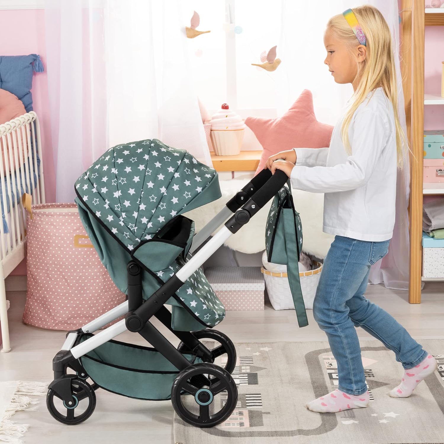 Stars Green & White Doll Pram with Handbag X606202