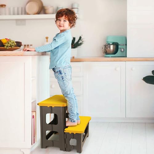 Folding 2-Step Stool, Non-Slip Portable Footstool 8" & 17" Dual Heights, Holds 300 lbs (Yellow) J4065