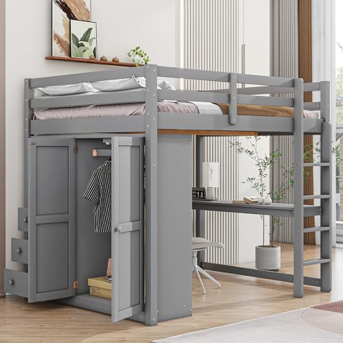 White Solid Wood Full Size Loft Bed with Desk and Drawers G222837