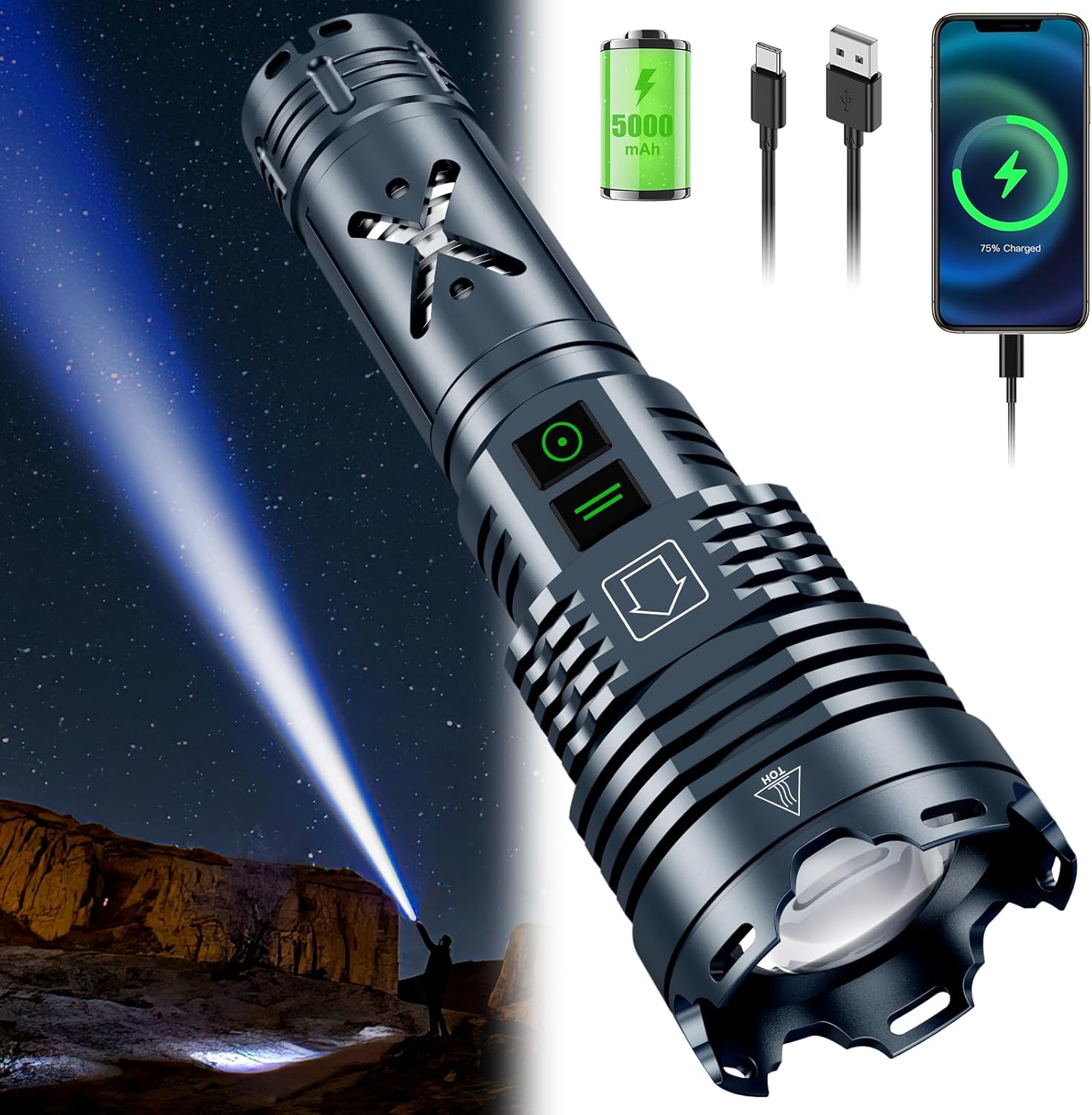 Rechargeable LED Tactical Flashlight, 2500000 Lumens, Waterproof, Zoomable N94153