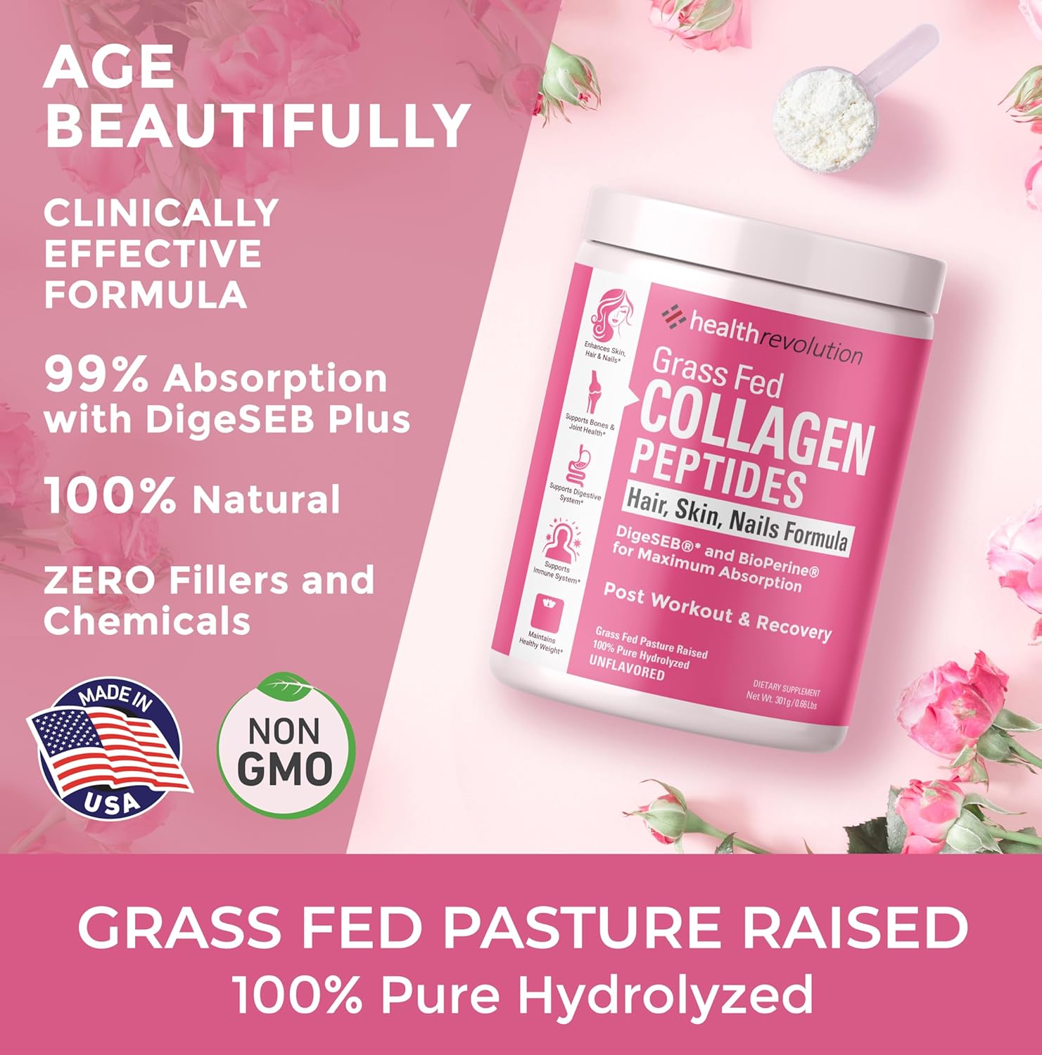 Hydrolyzed Collagen Peptides Powder, Grass-Fed, Types I & III, Unflavored, 35 Servings A511