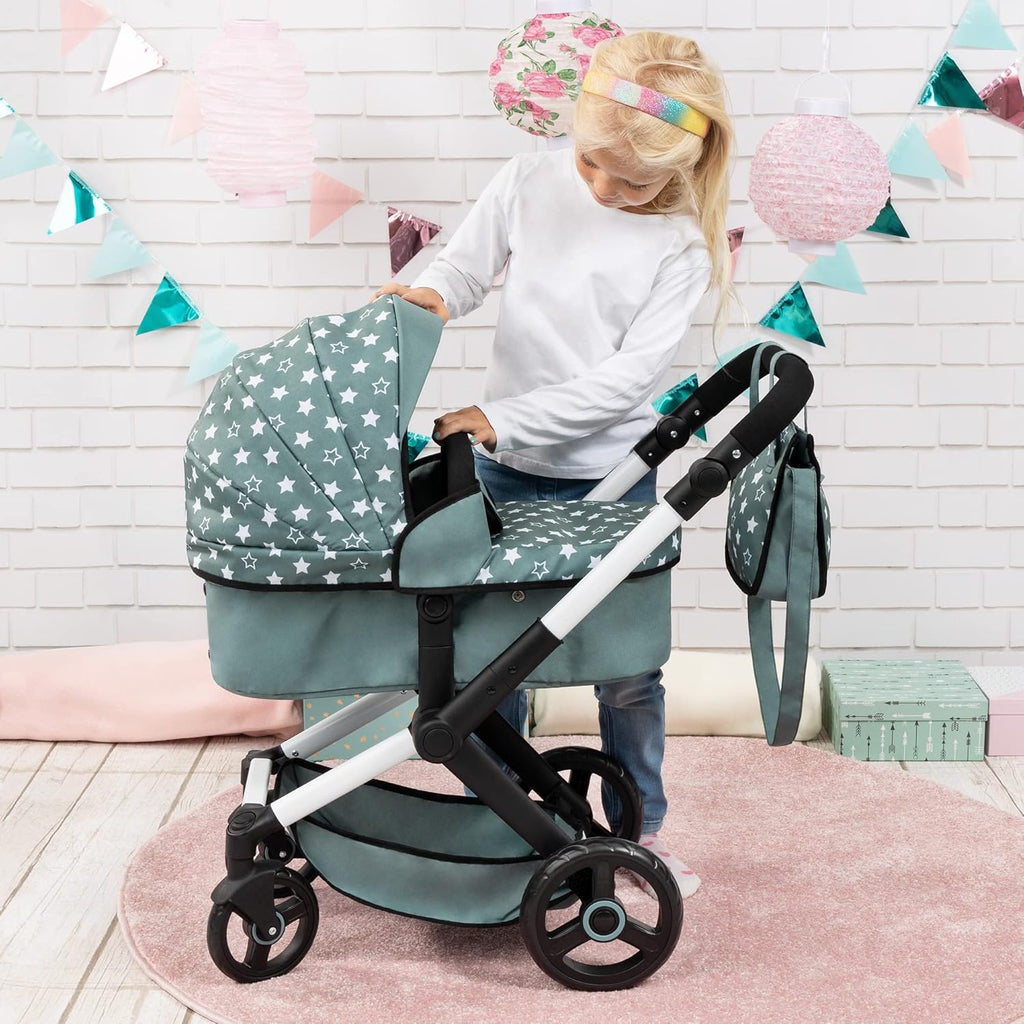 Stars Green & White Doll Pram with Handbag X606202
