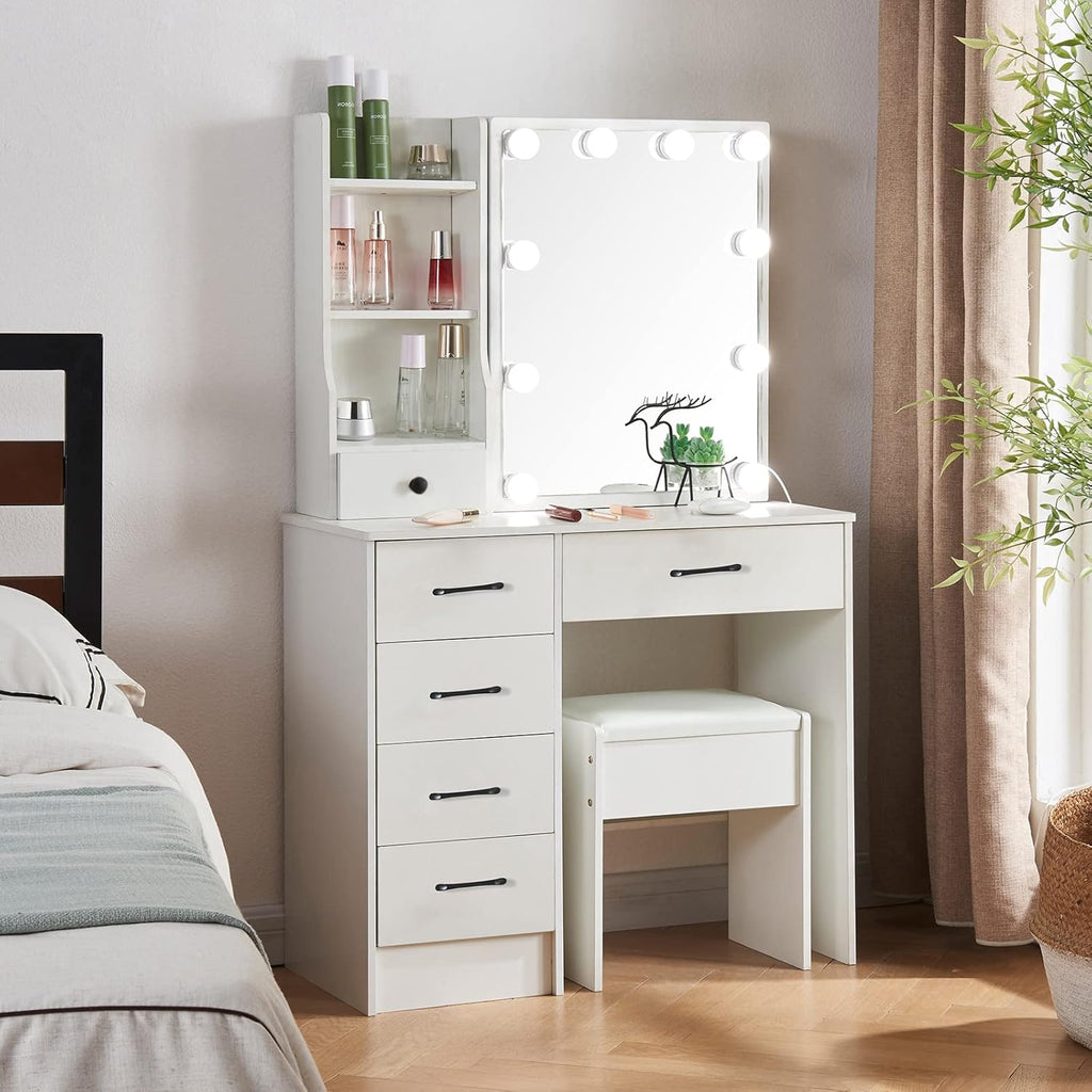Makeup Vanity Set with 6 Drawers and Lighted Mirror, Brightness Adjustable, with Chair Z9301