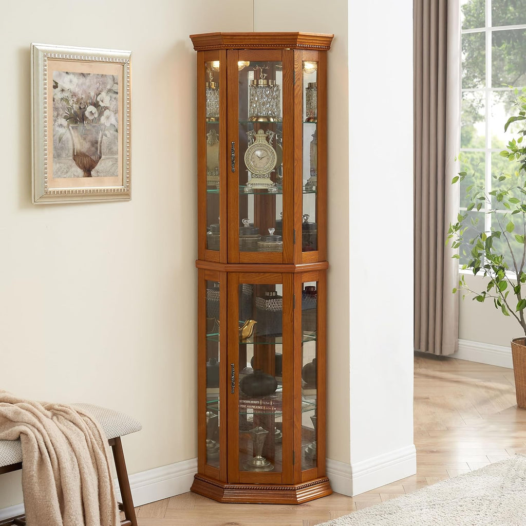 Oak Corner Curio Cabinet with Lights, Adjustable Tempered Glass Shelves, Mirrored Back S441645