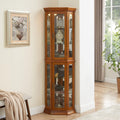 Oak Corner Curio Cabinet with Lights, Adjustable Tempered Glass Shelves, Mirrored Back S441645