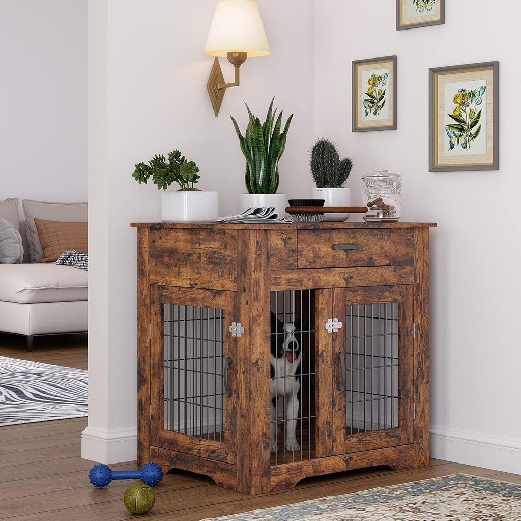Rustic Brown Dog Crate End Table with Drawer, Double Doors, 29.92in W x 24.8in D x 30.71in H C562