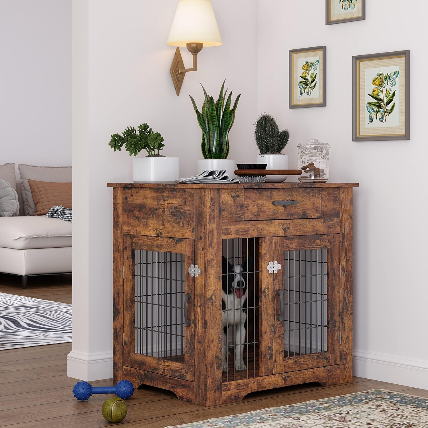 Rustic Brown Dog Crate End Table with Drawer, Double Doors, 29.92in W x 24.8in D x 30.71in H C562