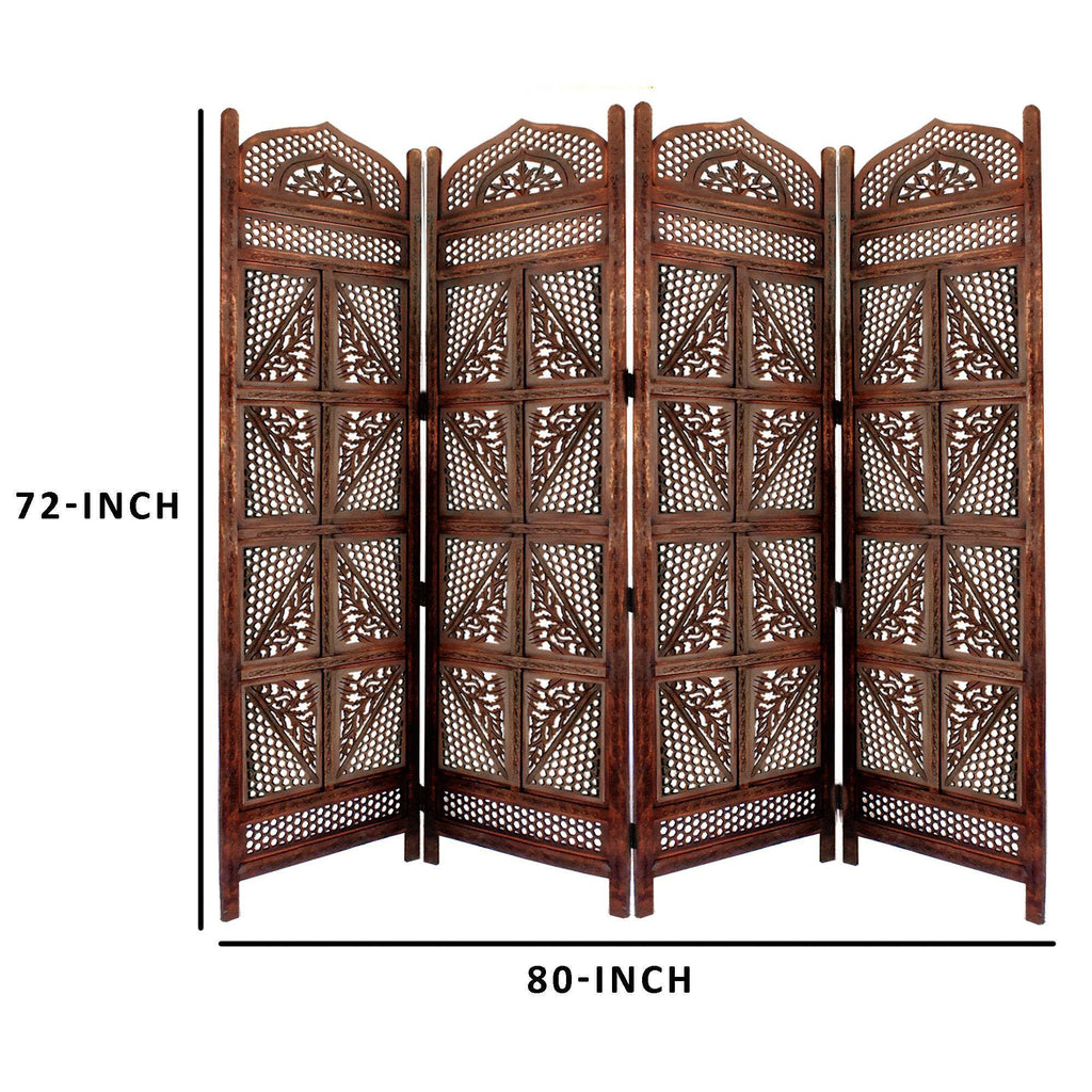 Antique Brown Four Panel Wooden Room Divider R6618