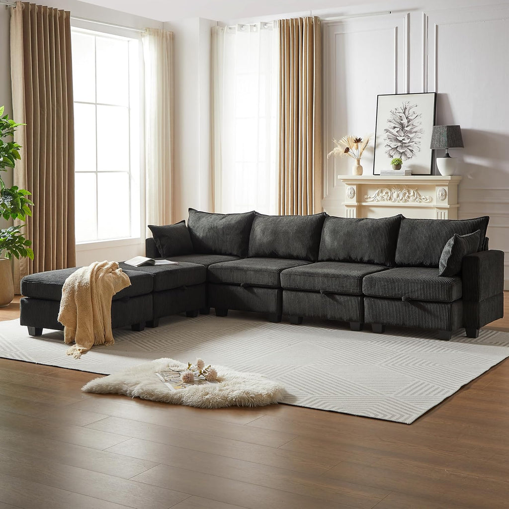 Black Corduroy Modular Sectional Sofa with Storage Y732