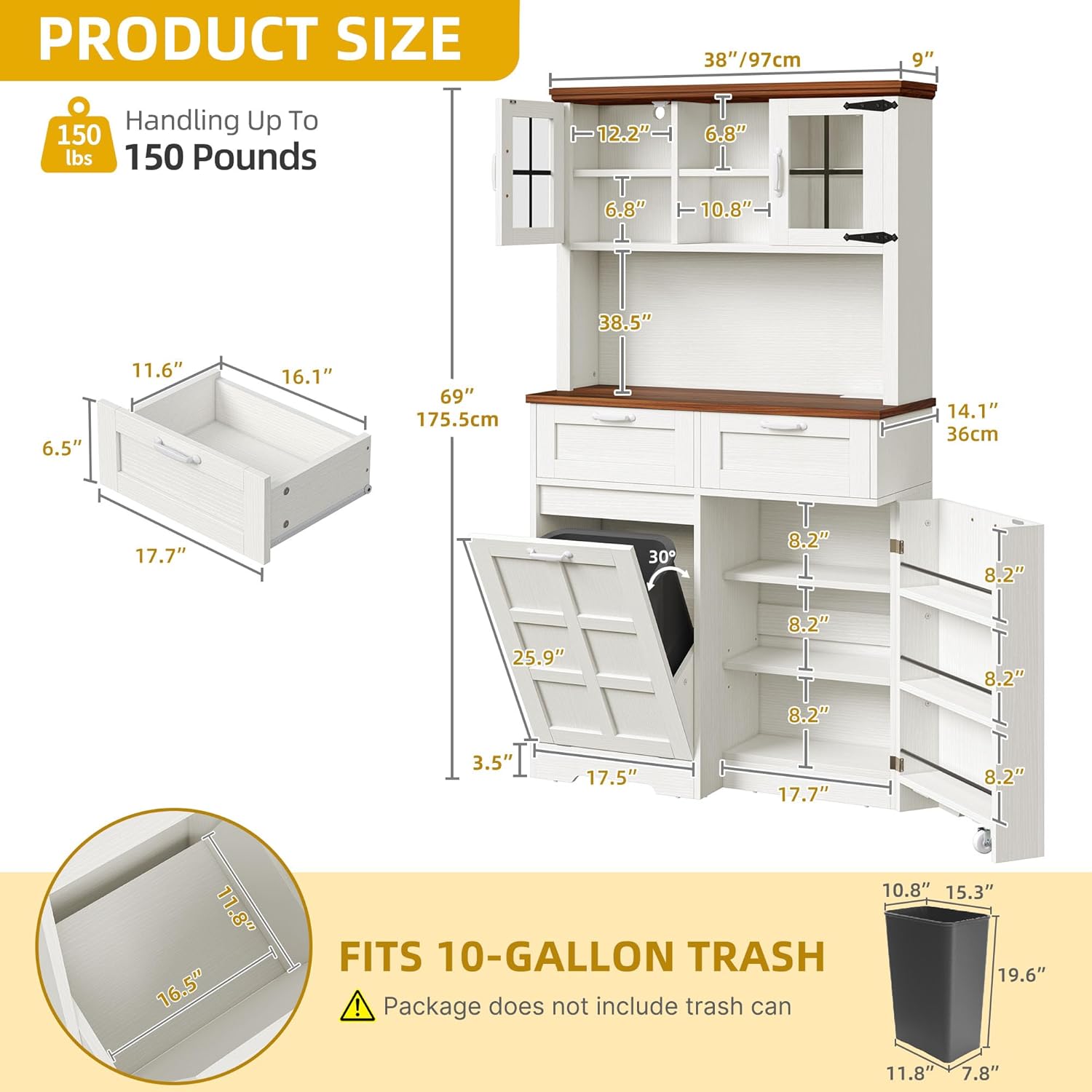 White Oak Tall Kitchen Pantry Cabinet with Trash Can P245454