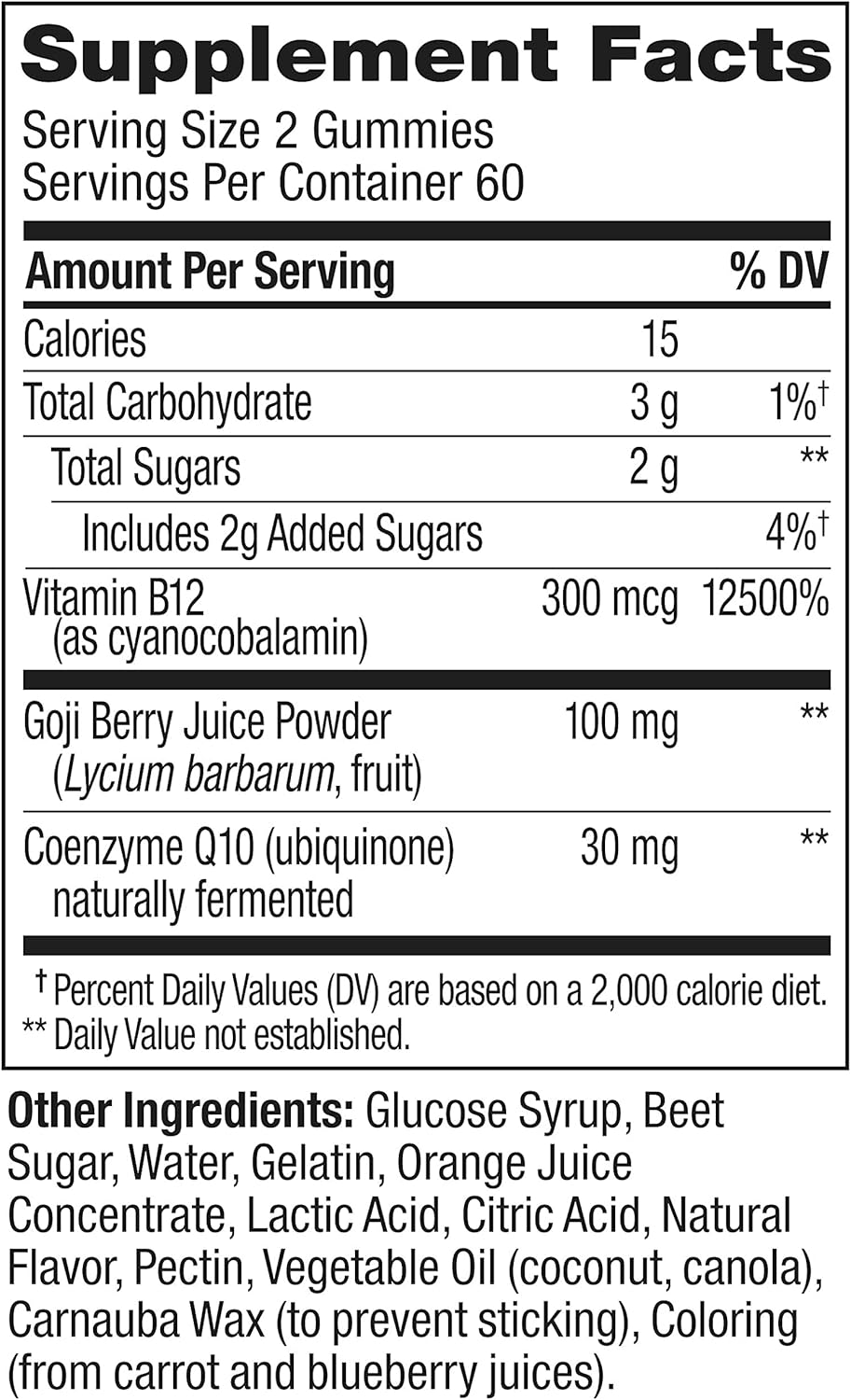 Caffeine Free Vitamin B12 CoQ10 Goji Berry Chewable Supplement - 120 Count X2742