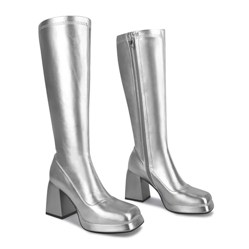 Knee High Gogo Boots with Square Toe, Side Zipper and Chunky Heel I8097