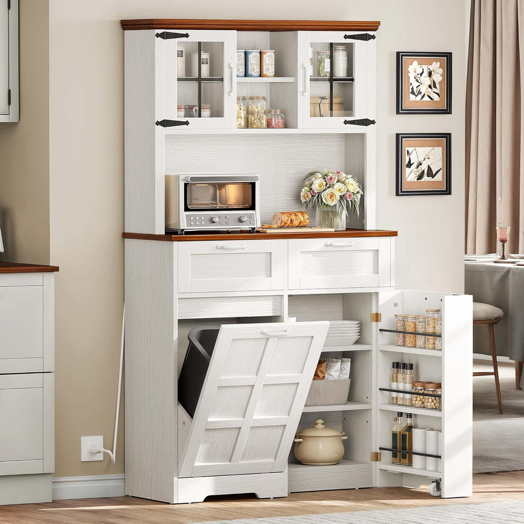 White Oak Tall Kitchen Pantry Cabinet with Trash Can P245454