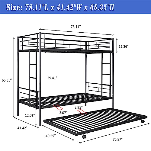 Black Twin Over Twin Metal Bunk Bed with Trundle Y4163