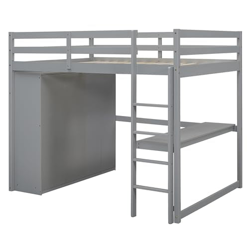 White Solid Wood Full Size Loft Bed with Desk and Drawers G222837