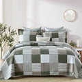 100% Cotton Navy Blue Grey Plaid Queen Size 3 Pieces Quilt V255778