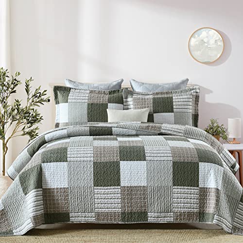 100% Cotton Navy Blue Grey Plaid Queen Size 3 Pieces Quilt V255778