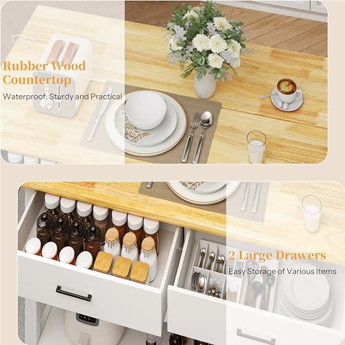 Solid Rubberwood Kitchen Island with Power Outlets, 2 Drawers & Open Shelves (Grey) J869