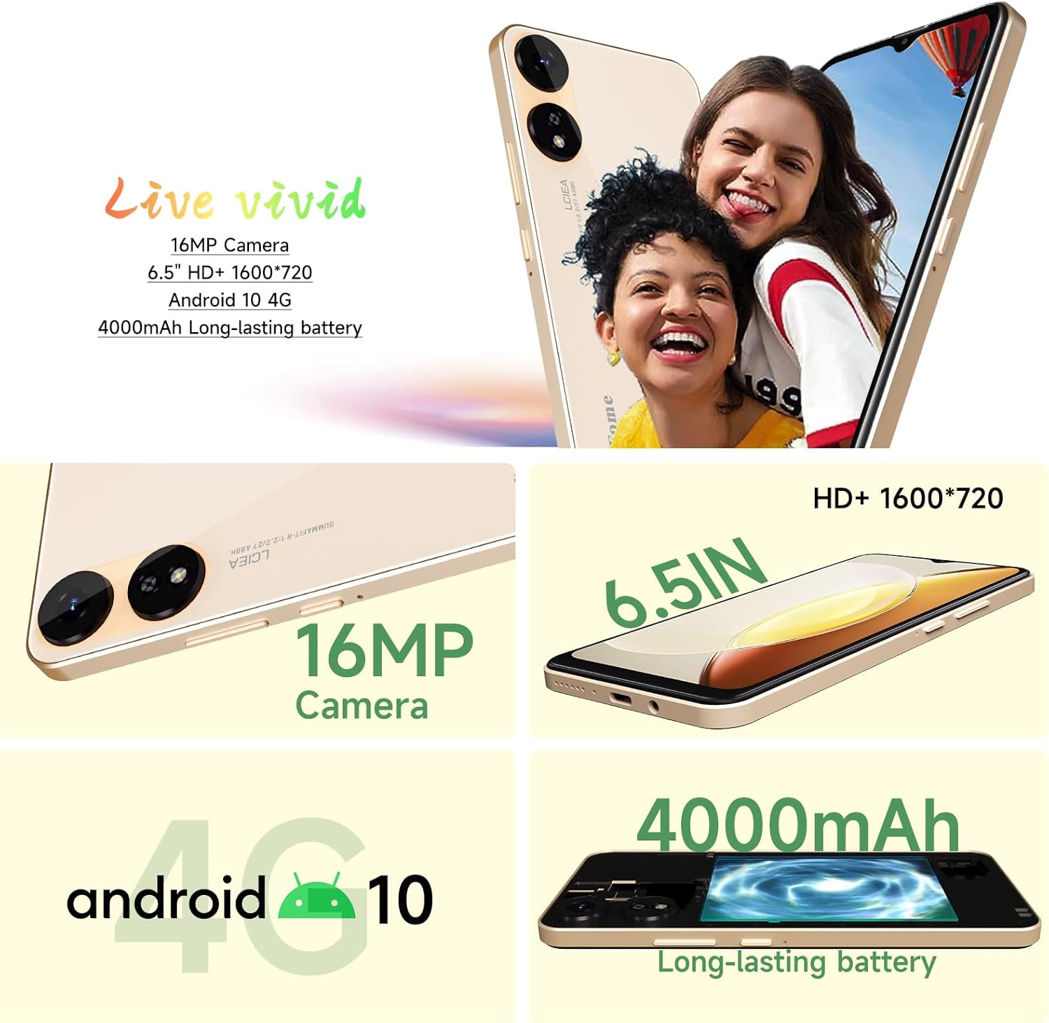 Gold 4G LTE Unlocked Cell Phone 6.5" HD+ Screen 4000mAh Android 10 Smartphone 16MP Dual SIM Z922